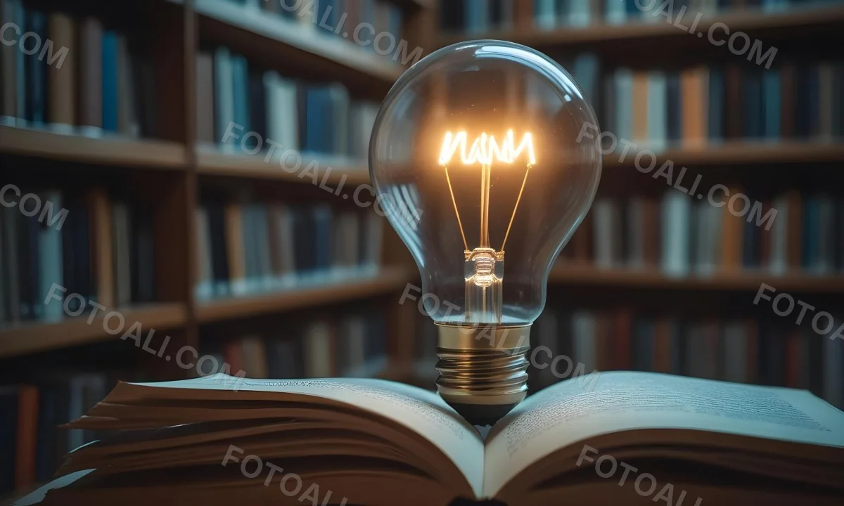 A Light Bulb On Top Of An Open Book Library In The Background With Many Books On The Shelves Warm Light Knowledge Concept 7 D61c