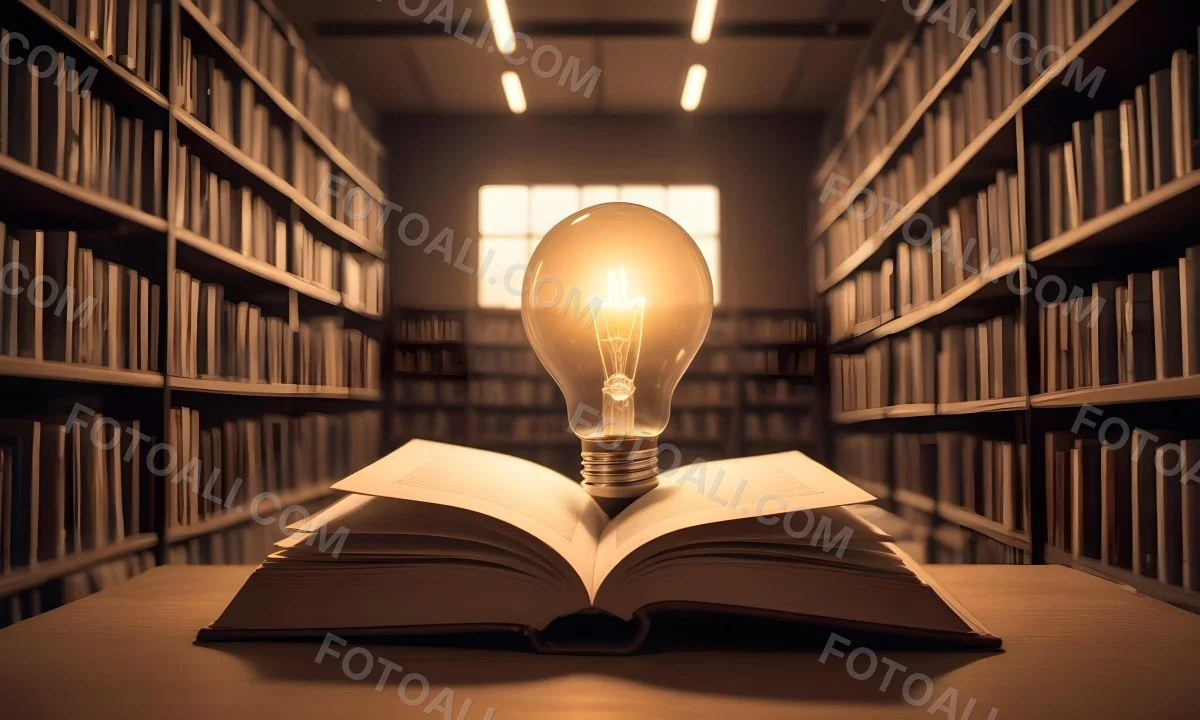 A Light Bulb On Top Of An Open Book Library In The Background With Many Books On The Shelves Warm Light Knowledge Concept 8 E03f