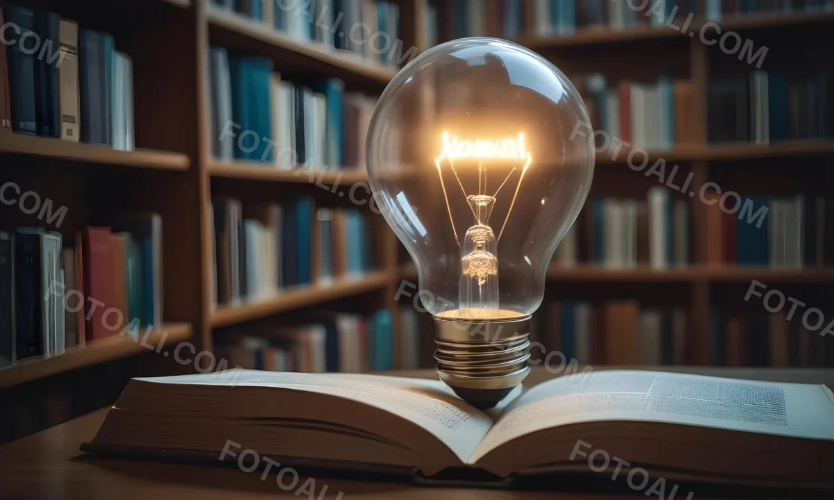 A Light Bulb On Top Of An Open Book Library In The Background With Many Books On The Shelves Warm Light Knowledge Concept 9 D163