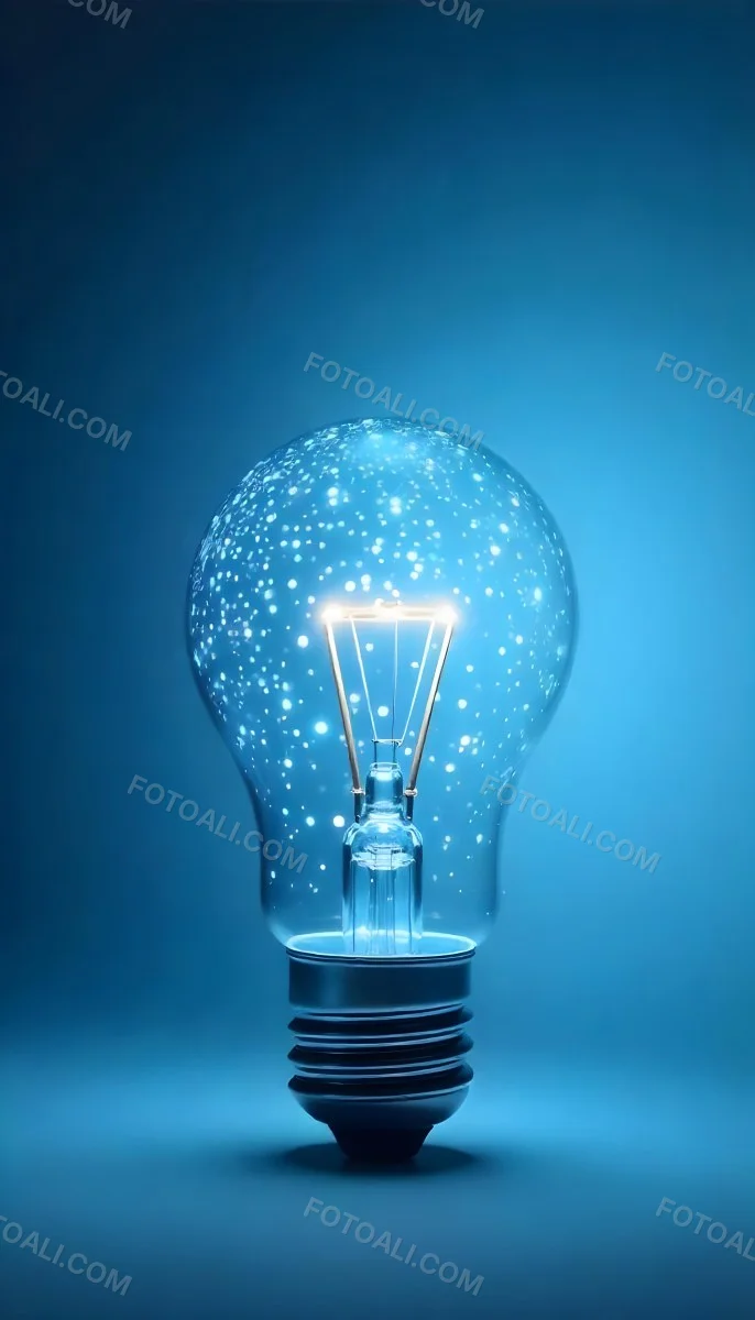 A Light Bulb With A Blue Glow Intricate Geometric Patterns Inside Casting A Soft Speckled Light On A Blue Background Creating A Sense Of Innovation 31 D098