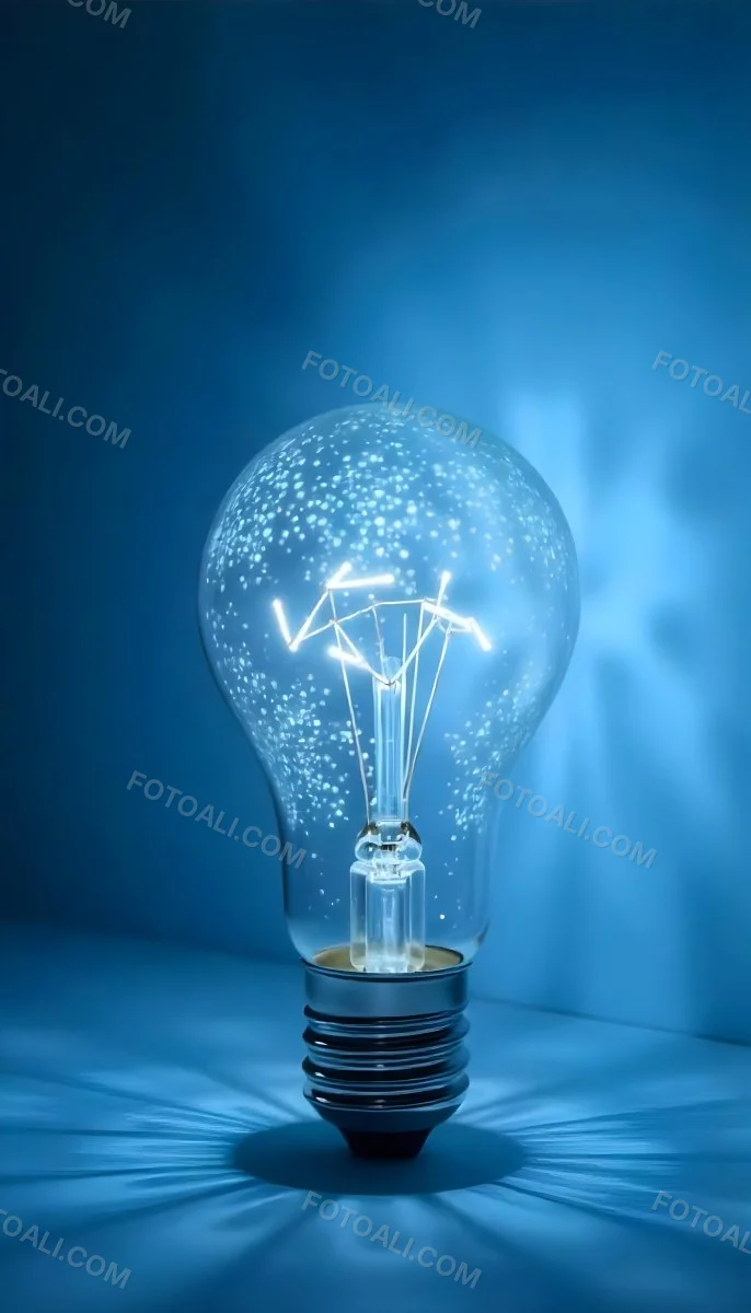 A Light Bulb With A Blue Glow Intricate Geometric Patterns Inside Casting A Soft Speckled Light On A Blue Background Creating A Sense Of Innovation 32 08f3