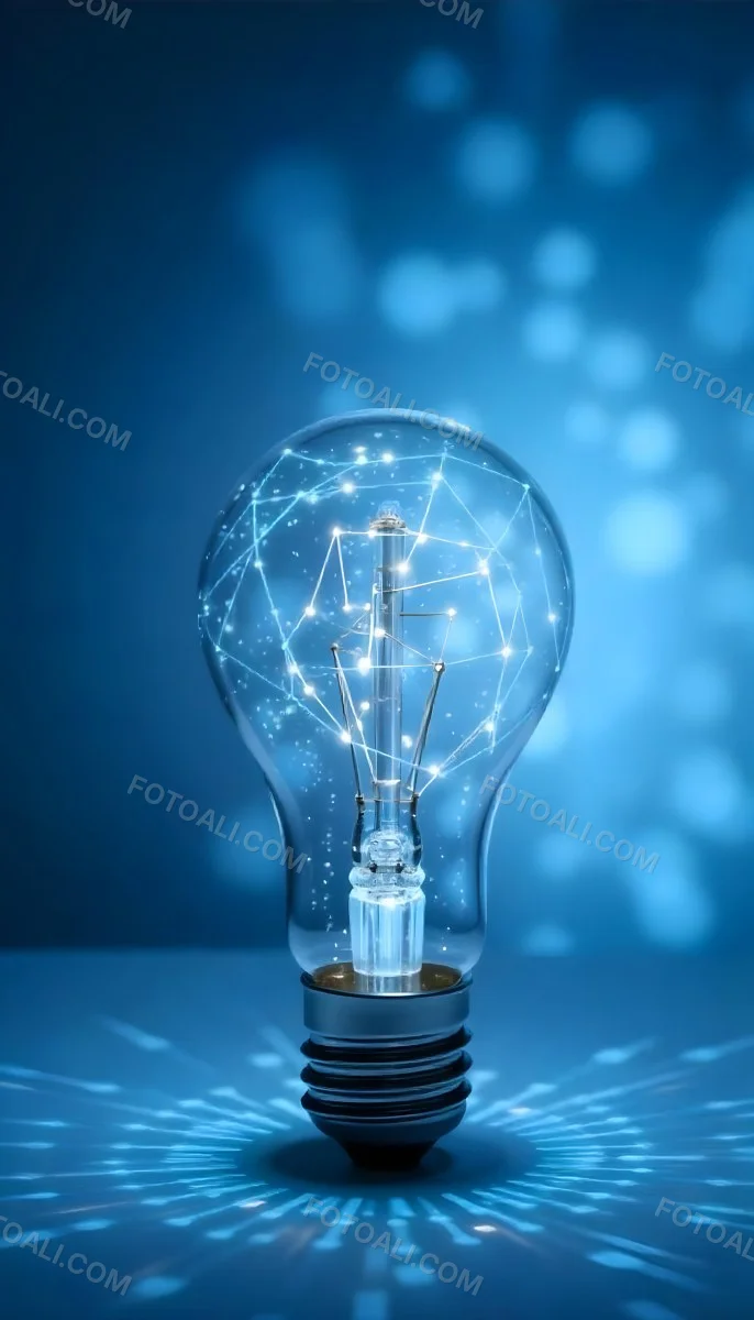 A Light Bulb With A Blue Glow Intricate Geometric Patterns Inside Casting A Soft Speckled Light On A Blue Background Creating A Sense Of Innovation 4 Bfea