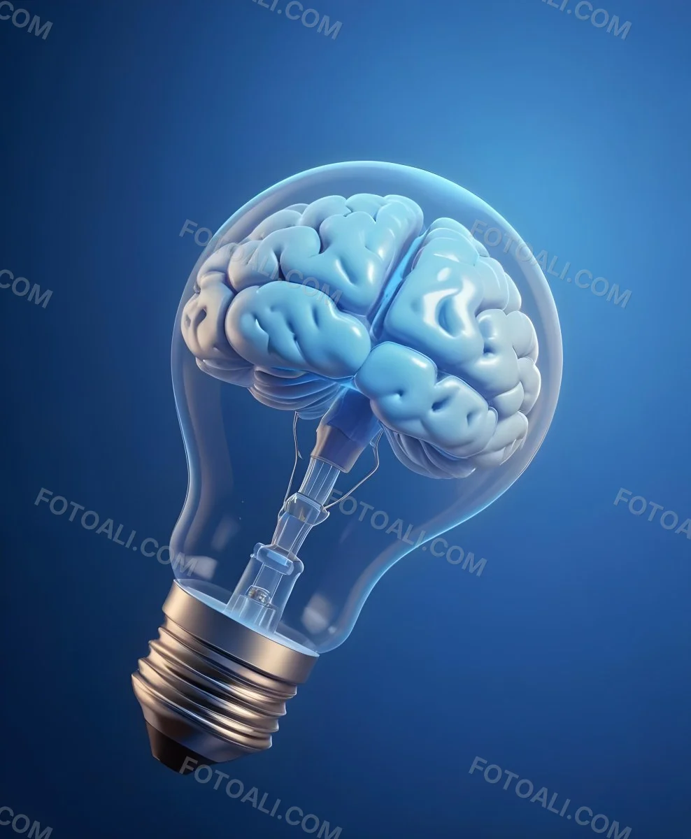 A Light Bulb With A Brain Inside The Brain Is Blue And Glowing The Background Is Blue And Gradient 16 3d10
