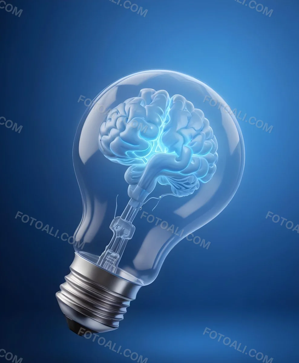 A Light Bulb With A Brain Inside The Brain Is Blue And Glowing The Background Is Blue And Gradient 5 A1a3