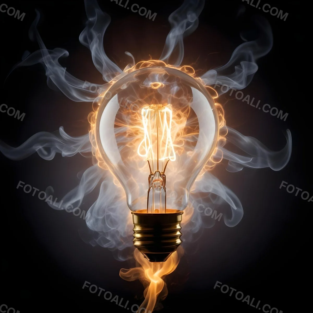 A Light Bulb With A Filament Inside Emitting A Bright Warm Glow Surrounded By Wisps Of Smoke And Light Trails On A Bright Background 25 B096