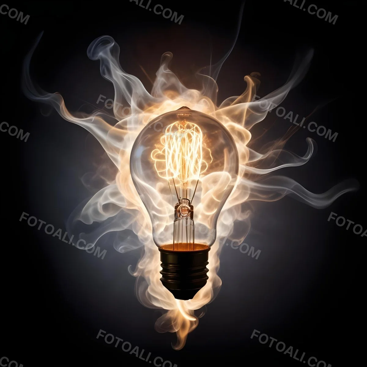 A Light Bulb With A Filament Inside Emitting A Bright Warm Glow Surrounded By Wisps Of Smoke And Light Trails On A Bright Background 26 85d7