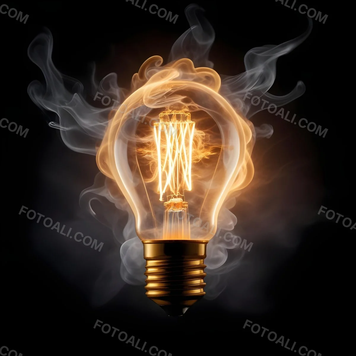 A Light Bulb With A Filament Inside Emitting A Bright Warm Glow Surrounded By Wisps Of Smoke And Light Trails On A Bright Background 5 Acd2