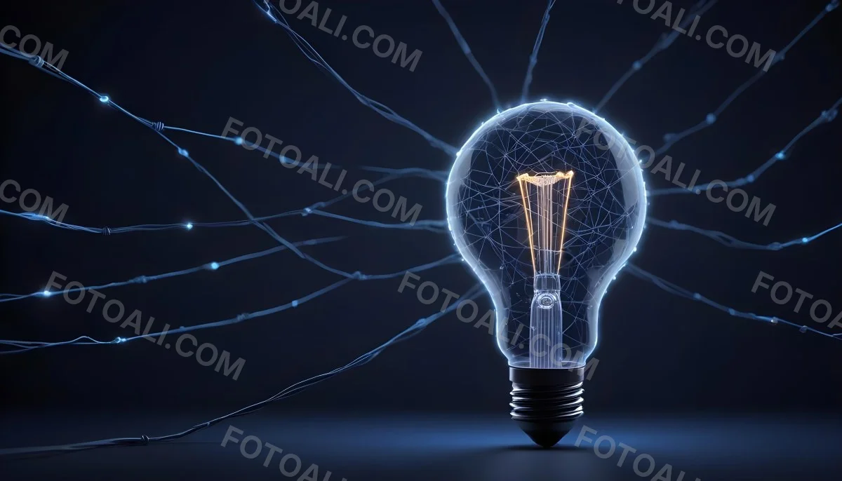 A Light Bulb With A Glowing Filament Surrounded By A Network Of Interconnected Lines And Dots On A Dark Blue Background 15 F123