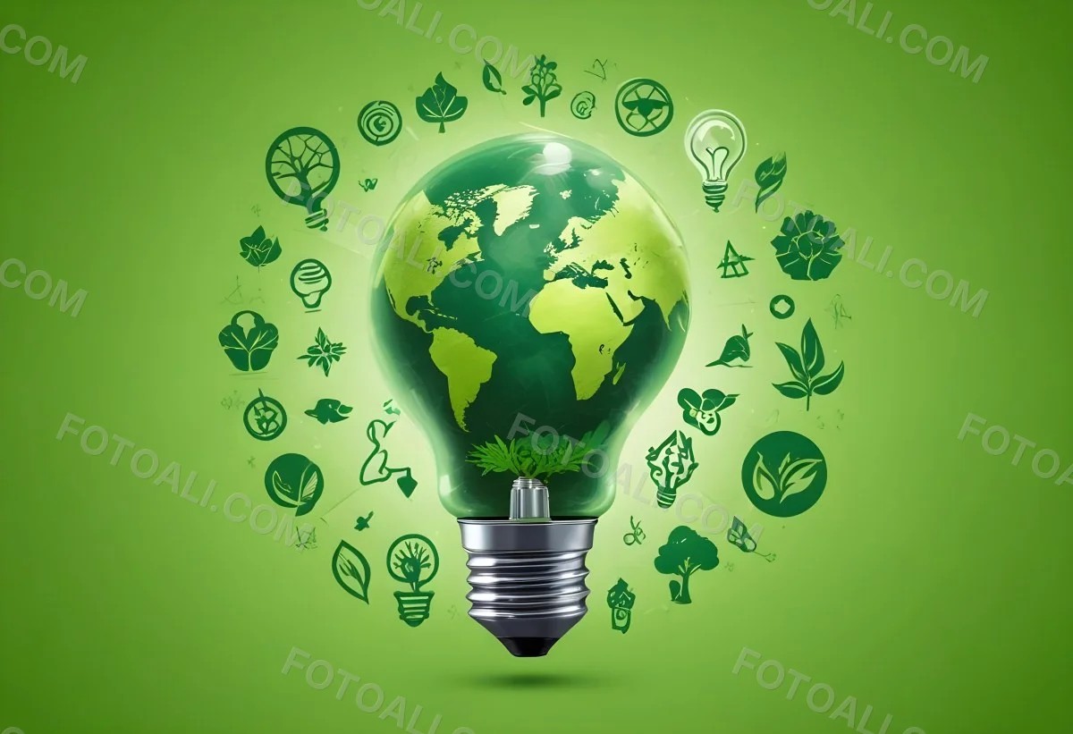 A Light Bulb With A Green Earth Texture Surrounded By Ecology Icons On A Green Background With A World Map 19 5098
