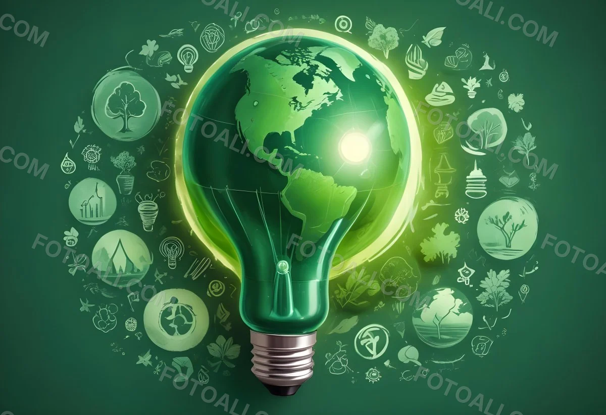 A Light Bulb With A Green Earth Texture Surrounded By Ecology Icons On A Green Background With A World Map 30 2dee
