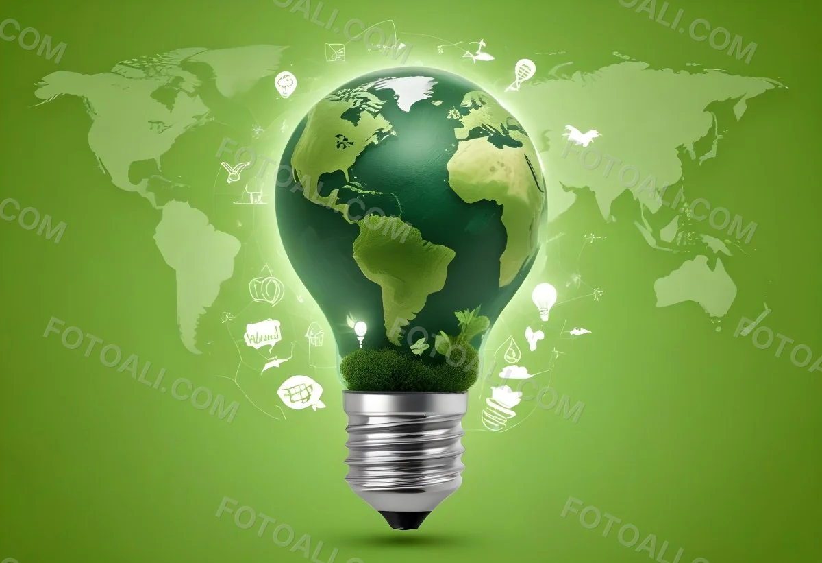 A Light Bulb With A Green Earth Texture Surrounded By Ecology Icons On A Green Background With A World Map 34 C0ae
