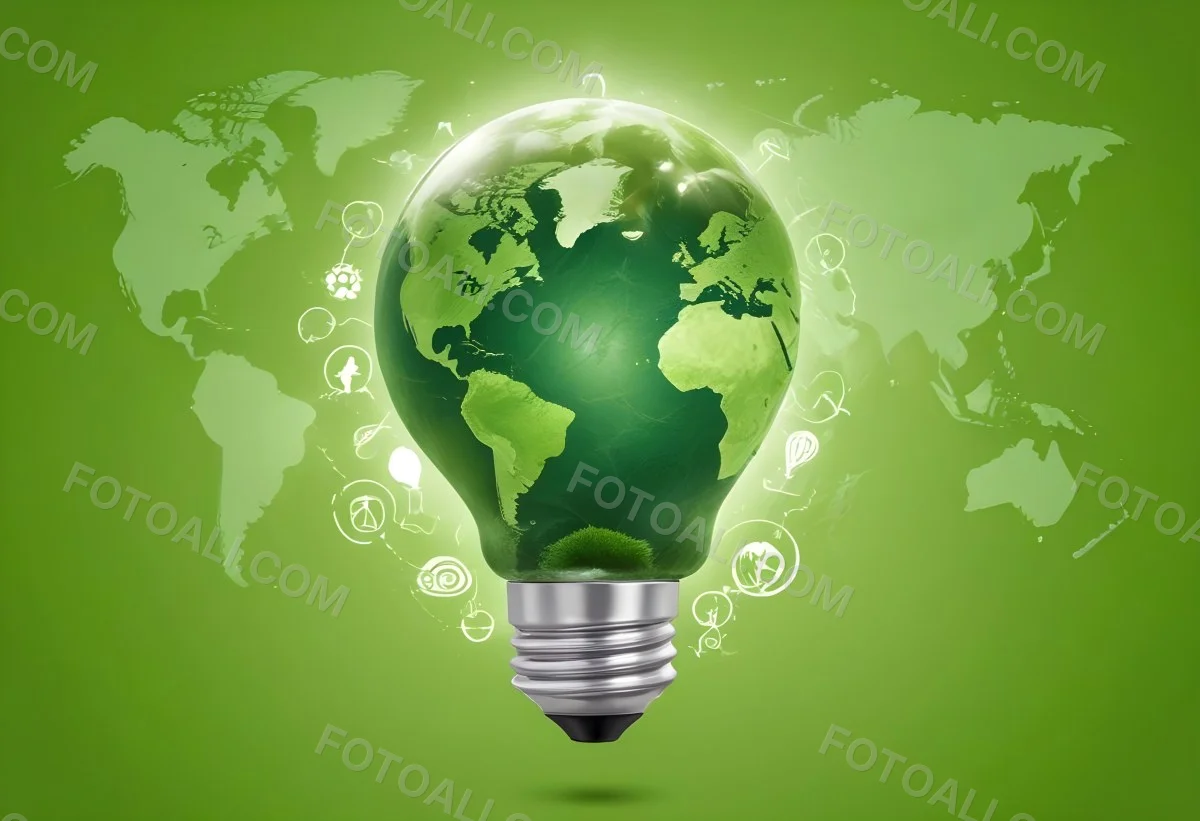 A Light Bulb With A Green Earth Texture Surrounded By Ecology Icons On A Green Background With A World Map 4 2327