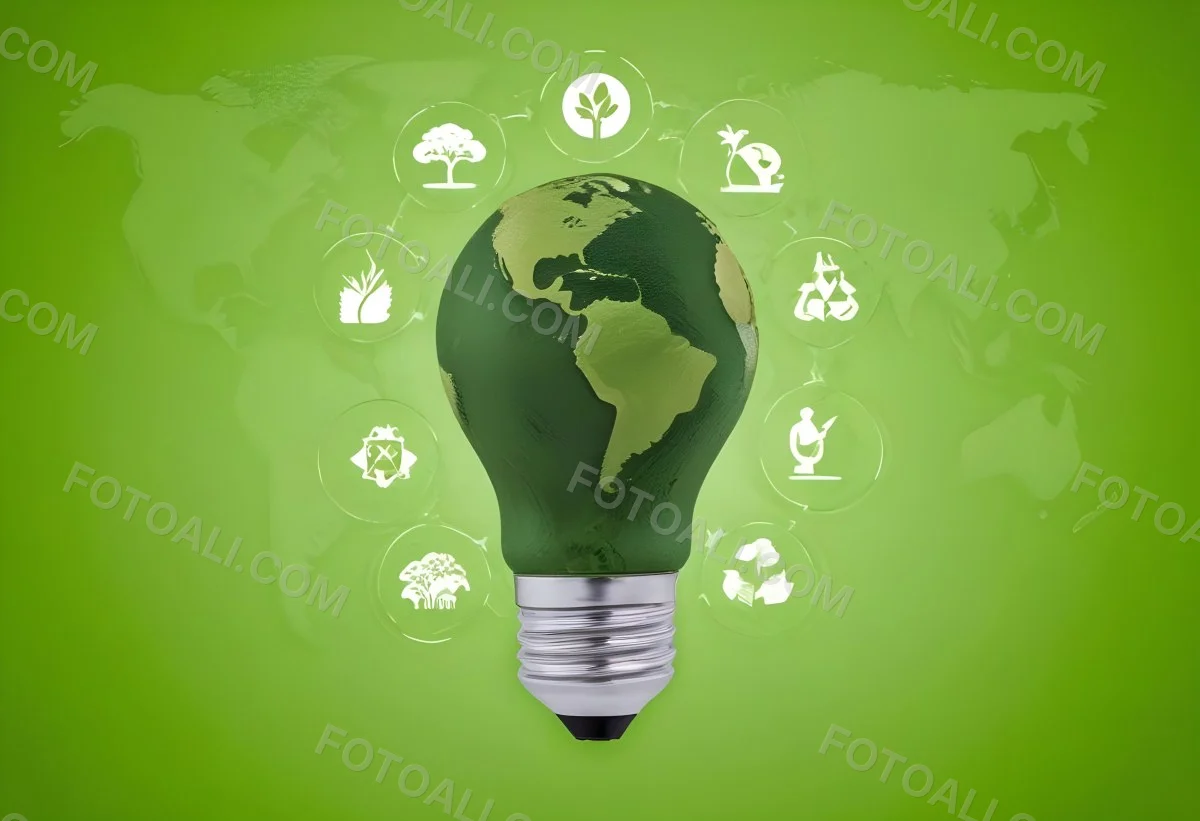 A Light Bulb With A Green Earth Texture Surrounded By Ecology Icons On A Green Background With A World Map 43 463c