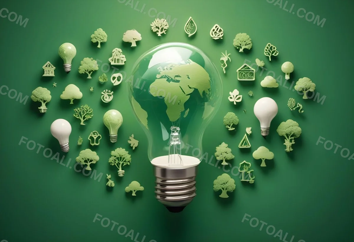 A Light Bulb With A Green Earth Texture Surrounded By Ecology Icons On A Green Background With A World Map 46 5ce7