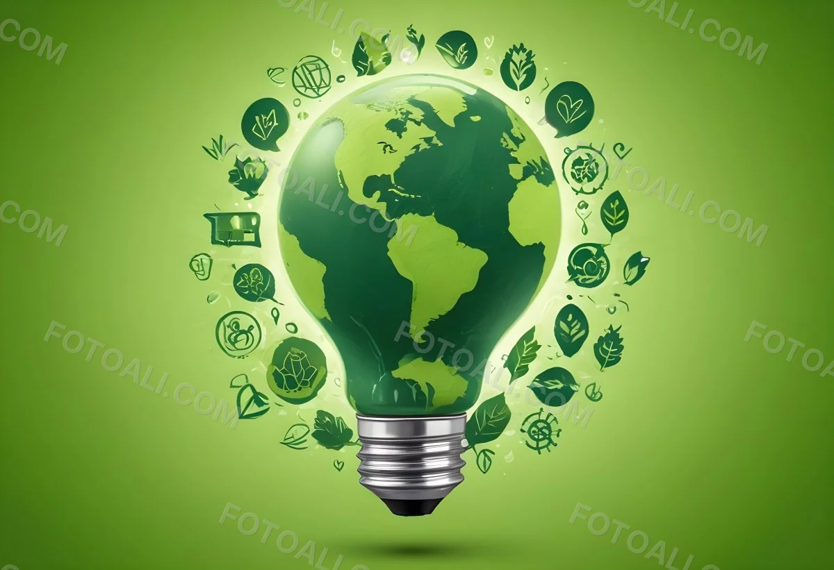 A Light Bulb With A Green Earth Texture Surrounded By Ecology Icons On A Green Background With A World Map 5 952c