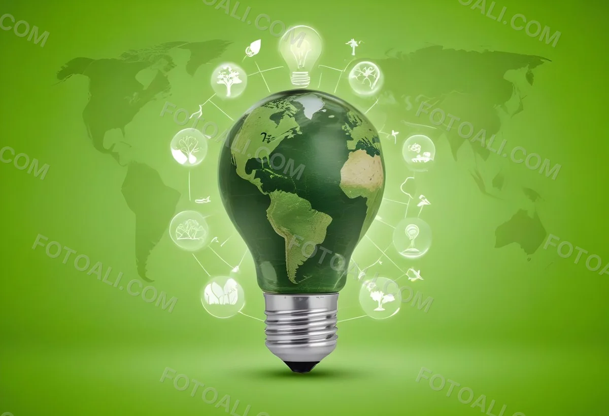 A Light Bulb With A Green Earth Texture Surrounded By Ecology Icons On A Green Background With A World Map 53 6877