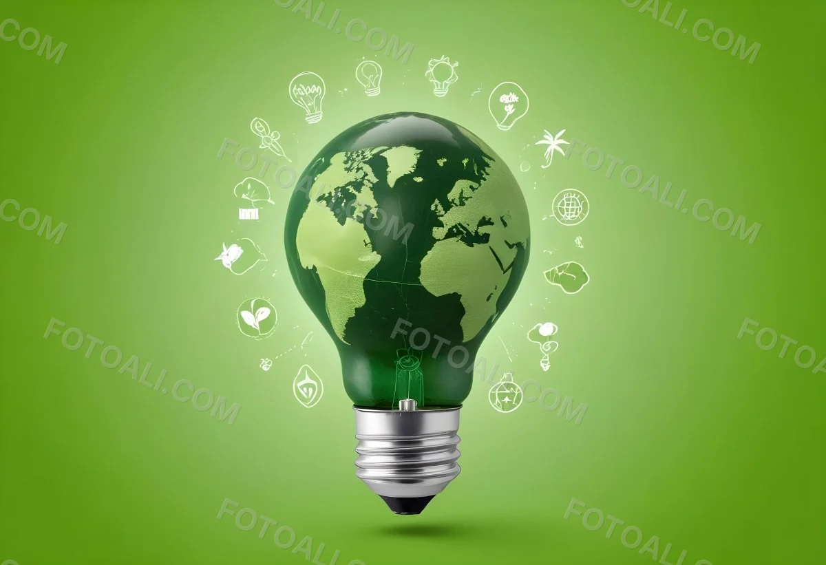 A Light Bulb With A Green Earth Texture Surrounded By Ecology Icons On A Green Background With A World Map 55 2c14