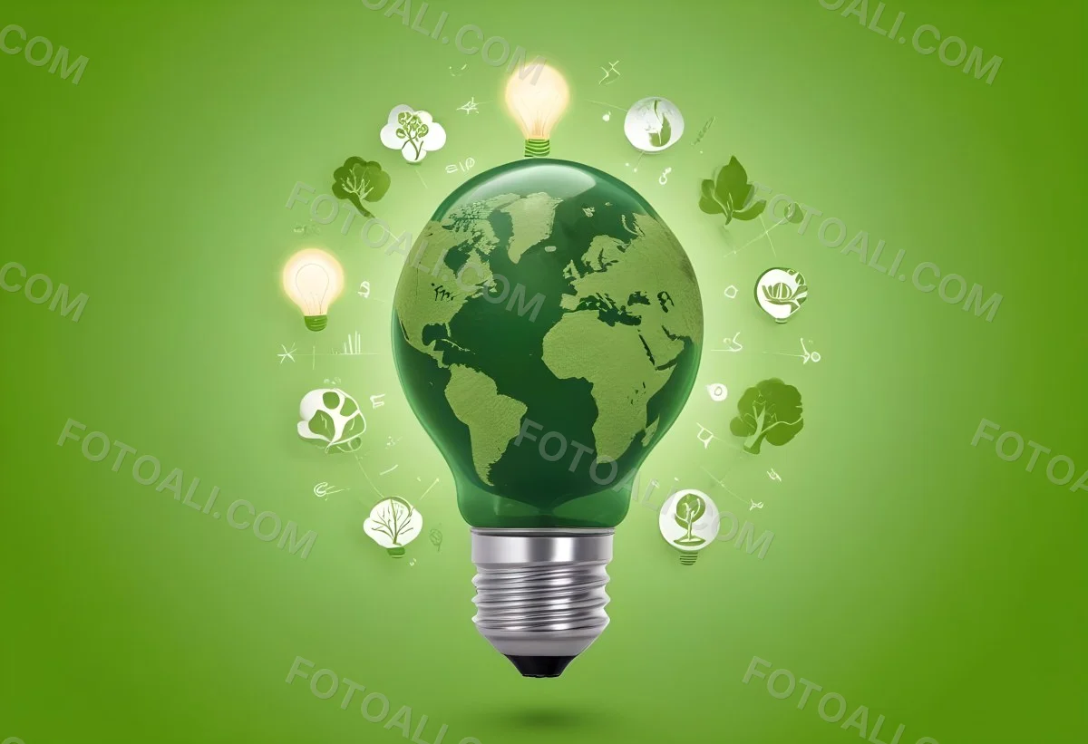 A Light Bulb With A Green Earth Texture Surrounded By Ecology Icons On A Green Background With A World Map 59 847c