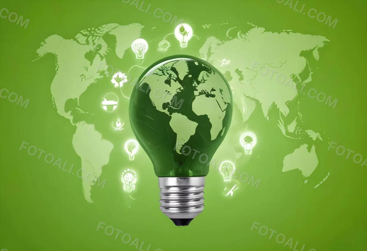 A Light Bulb With A Green Earth Texture Surrounded By Ecology Icons On A Green Background With A World Map 62 E5a7