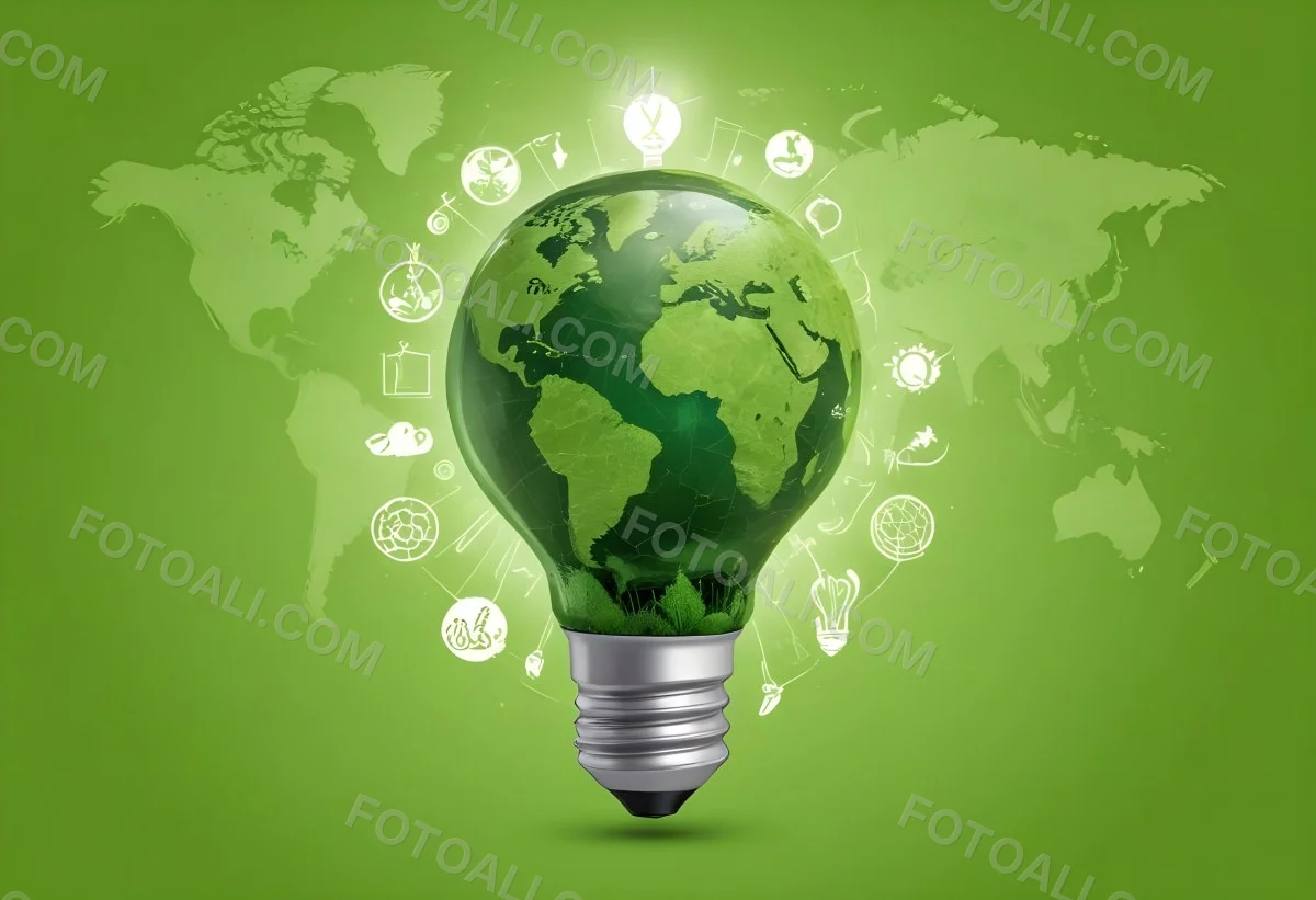 A Light Bulb With A Green Earth Texture Surrounded By Ecology Icons On A Green Background With A World Map 8 Efe7