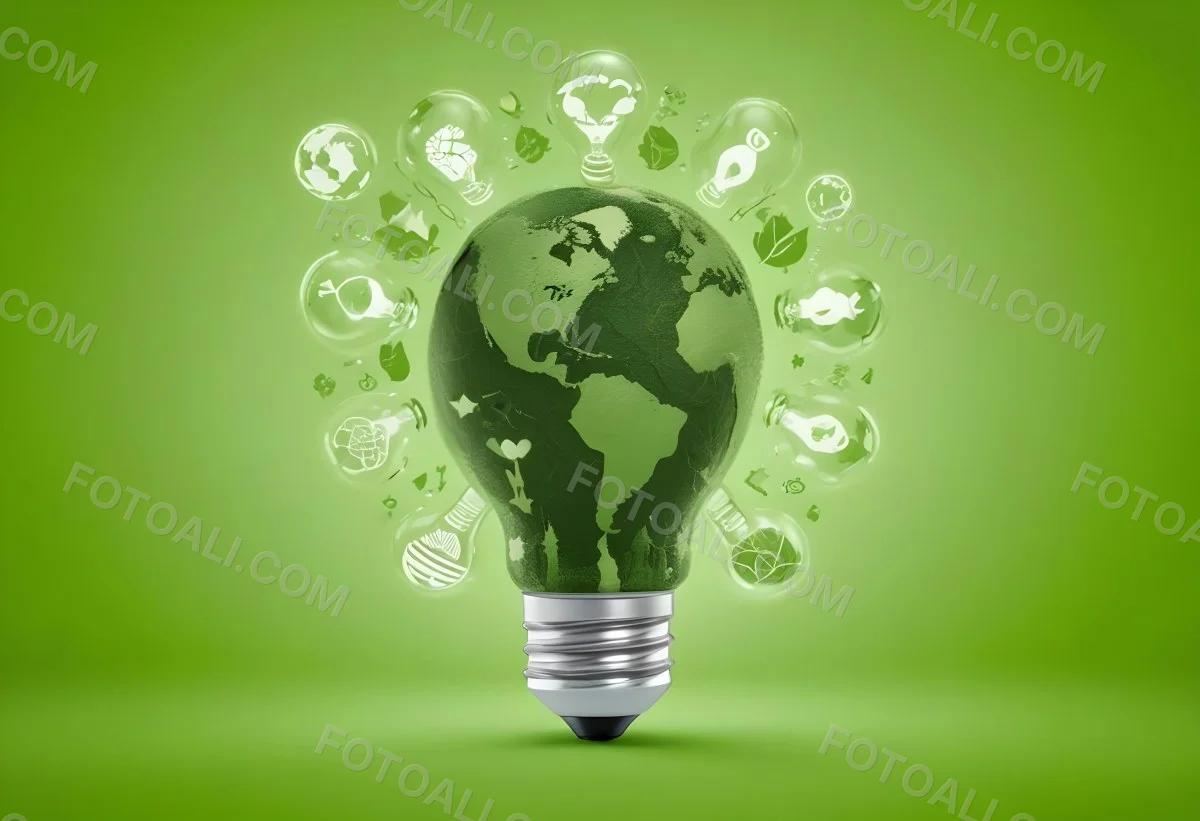 A Light Bulb With A Green Earth Texture Surrounded By Ecology Icons On A Green Background With A World Map 80 98c8