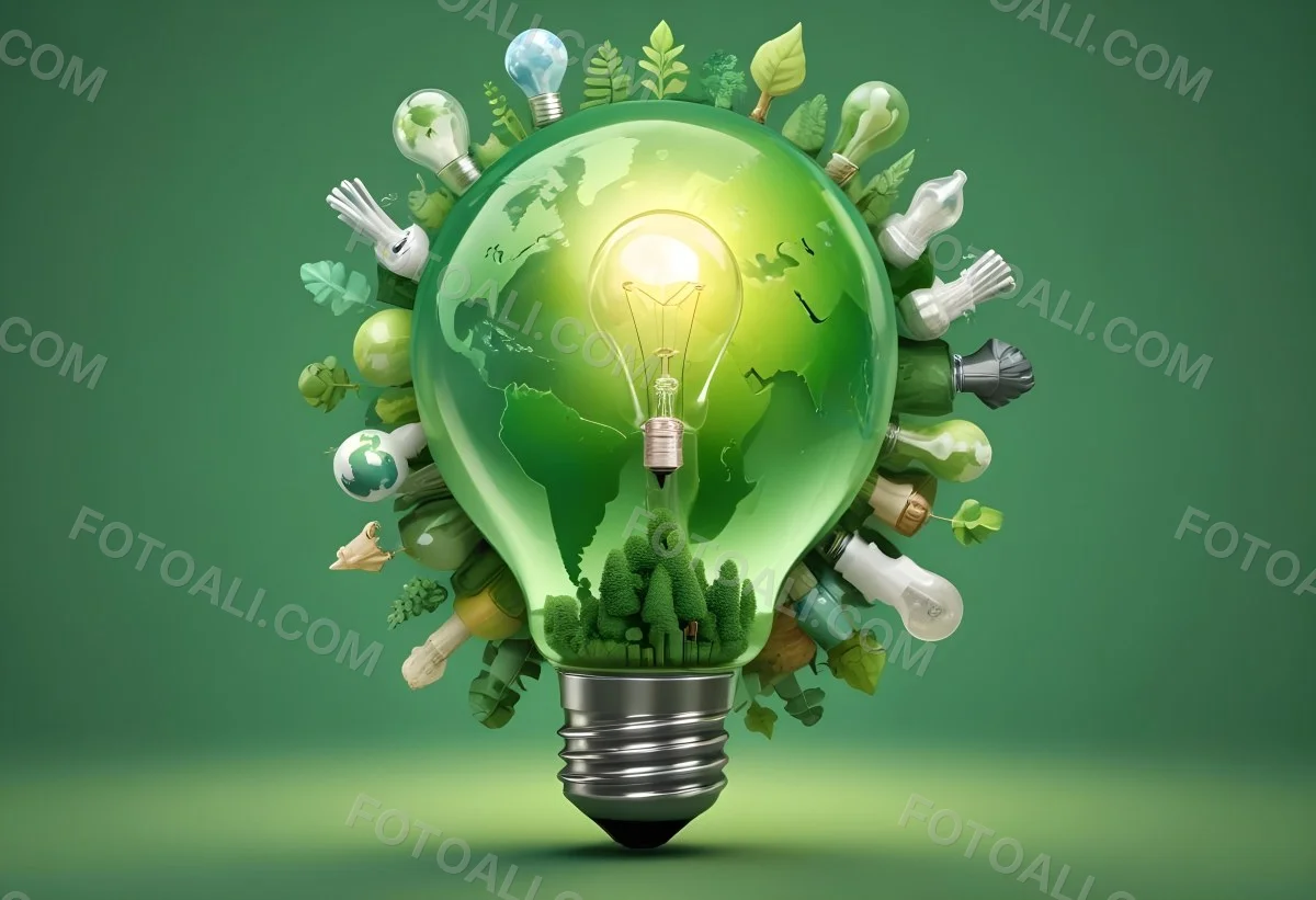 A Light Bulb With A Green Earth Texture Surrounded By Ecology Icons On A Green Background With A World Map 81 9859