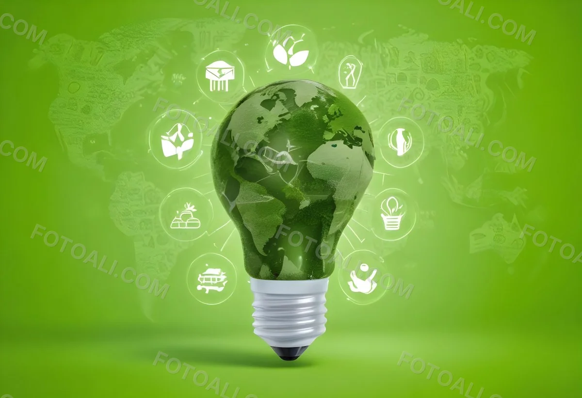 A Light Bulb With A Green Earth Texture Surrounded By Ecology Icons On A Green Background With A World Map 82 B77e
