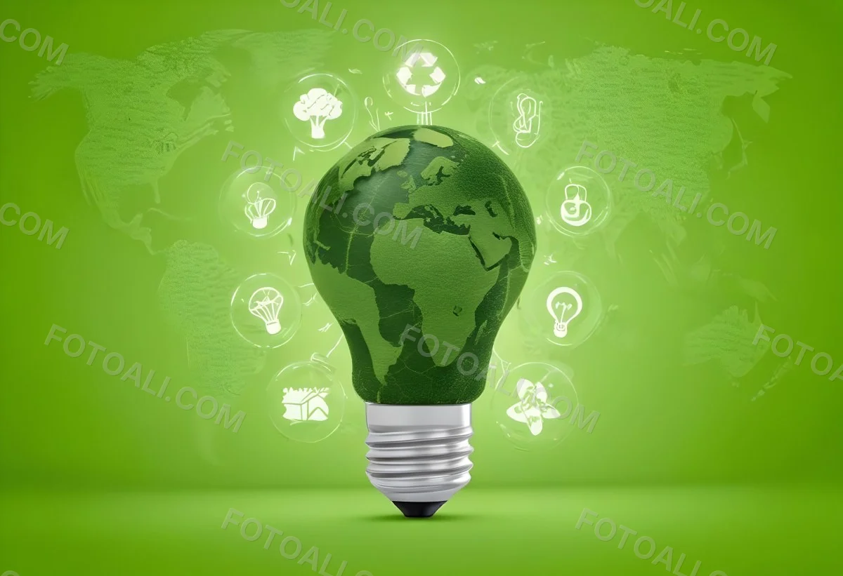 A Light Bulb With A Green Earth Texture Surrounded By Ecology Icons On A Green Background With A World Map 83 60c0
