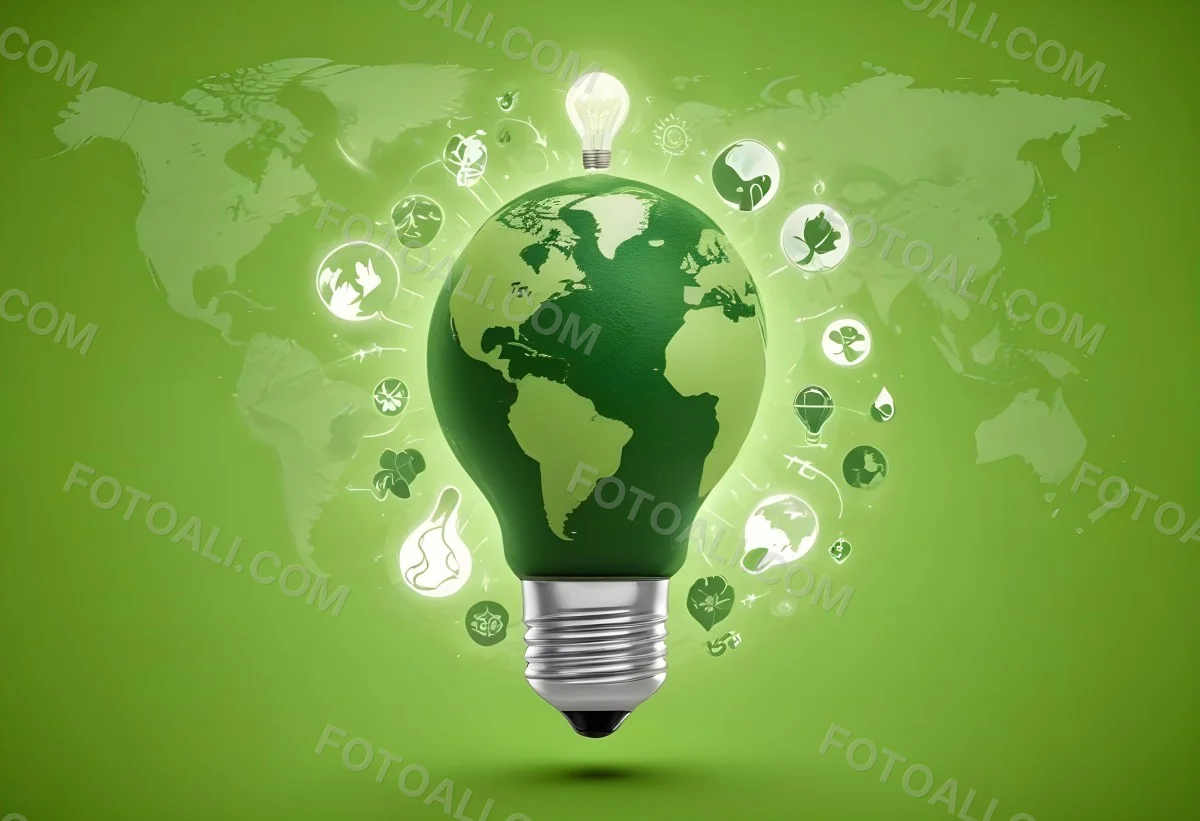 A Light Bulb With A Green Earth Texture Surrounded By Ecology Icons On A Green Background With A World Map 84 8837