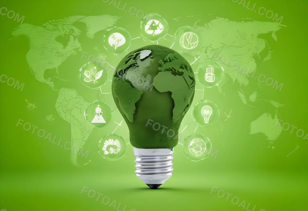 A Light Bulb With A Green Earth Texture Surrounded By Ecology Icons On A Green Background With A World Map 85 01ac