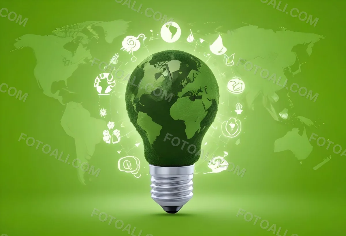A Light Bulb With A Green Earth Texture Surrounded By Ecology Icons On A Green Background With A World Map 86 8a3c