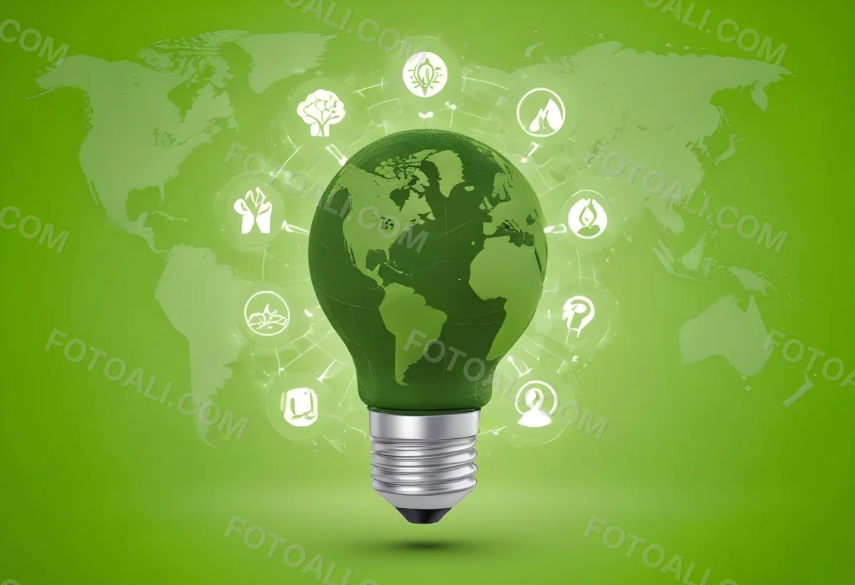 A Light Bulb With A Green Earth Texture Surrounded By Ecology Icons On A Green Background With A World Map 87 Aeb9