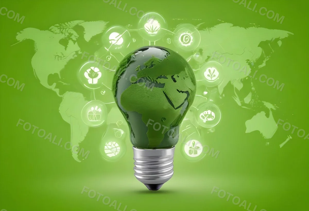 A Light Bulb With A Green Earth Texture Surrounded By Ecology Icons On A Green Background With A World Map 88 De8b