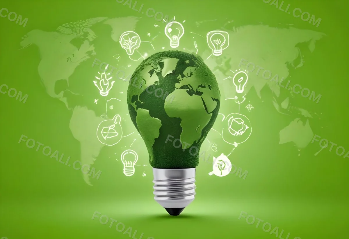 A Light Bulb With A Green Earth Texture Surrounded By Ecology Icons On A Green Background With A World Map 89 75b3