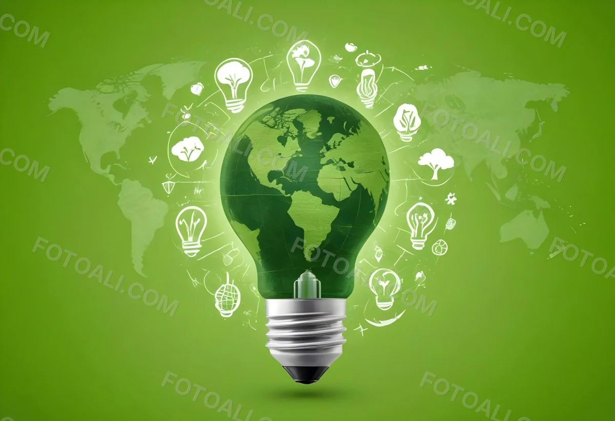 A Light Bulb With A Green Earth Texture Surrounded By Ecology Icons On A Green Background With A World Map 9 Aa28