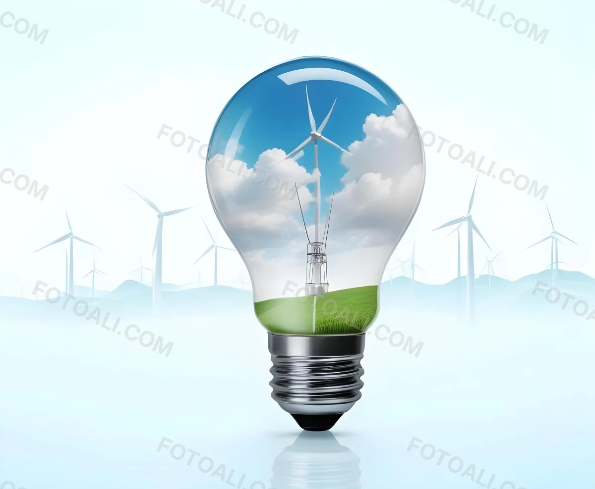 A Light Bulb With A Green Field And Wind Turbines Inside Blue Sky With Clouds More Wind Turbines In The Background 16 7e7b
