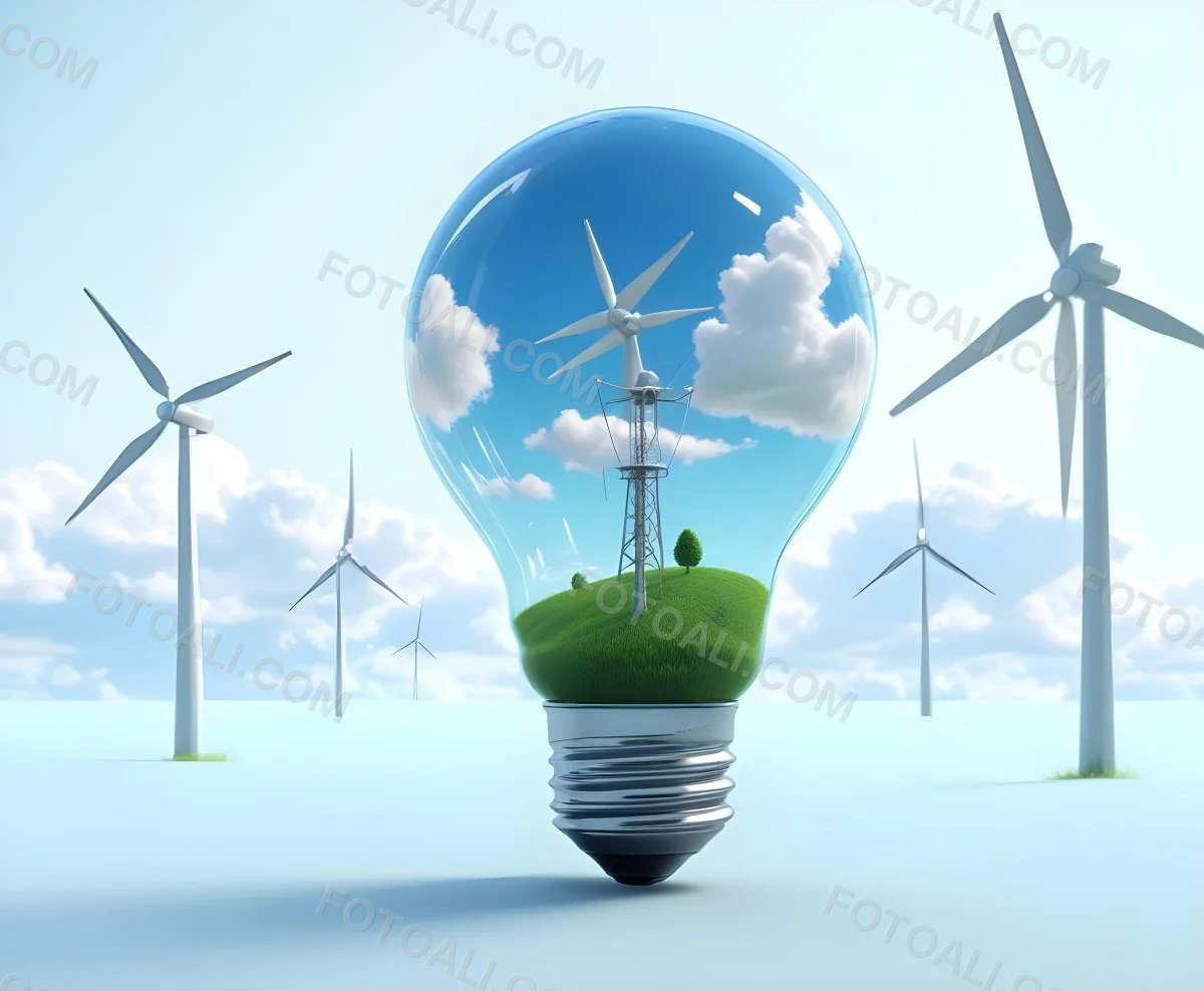 A Light Bulb With A Green Field And Wind Turbines Inside Blue Sky With Clouds More Wind Turbines In The Background 20 1a89