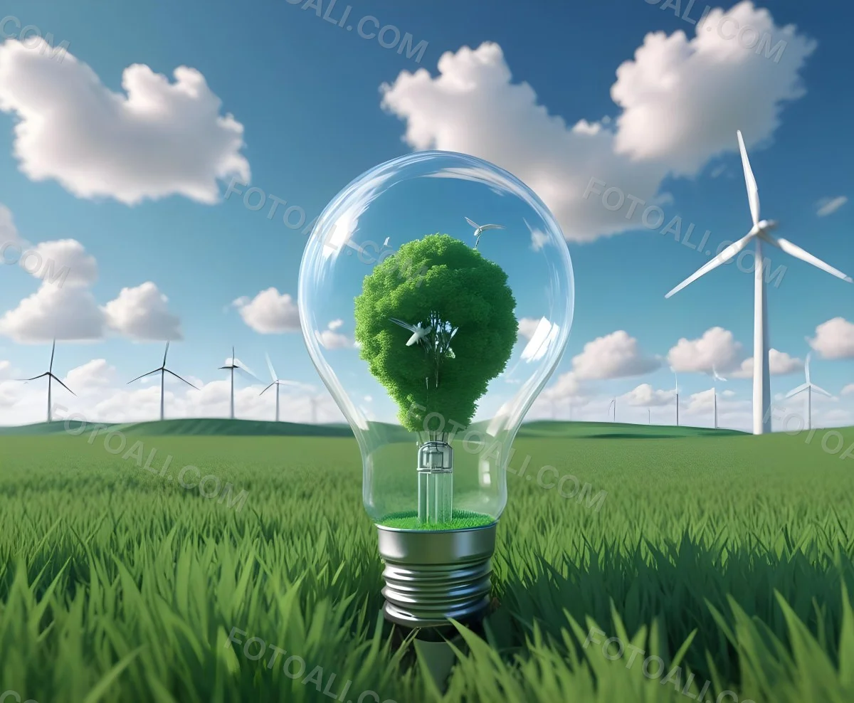 A Light Bulb With A Green Field And Wind Turbines Inside Blue Sky With Clouds More Wind Turbines In The Background 22 347f