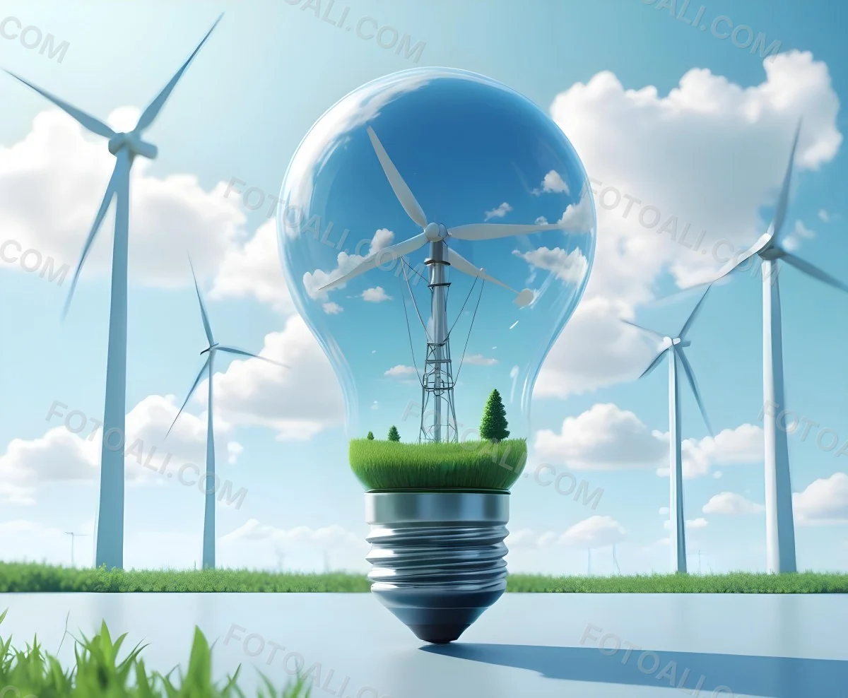 A Light Bulb With A Green Field And Wind Turbines Inside Blue Sky With Clouds More Wind Turbines In The Background 26 2558