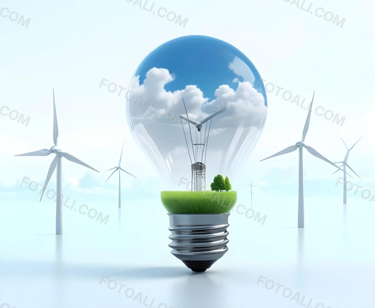 A Light Bulb With A Green Field And Wind Turbines Inside Blue Sky With Clouds More Wind Turbines In The Background 28 9182