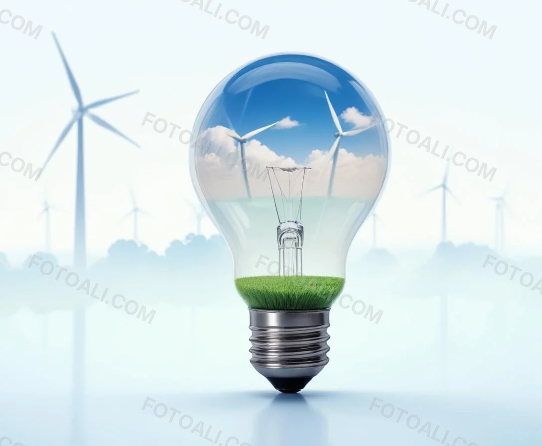A Light Bulb With A Green Field And Wind Turbines Inside Blue Sky With Clouds More Wind Turbines In The Background 28 F515