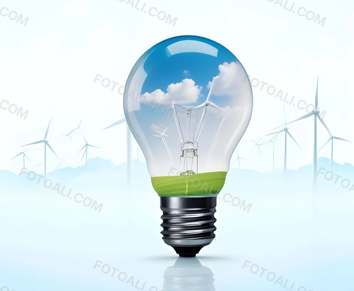 A Light Bulb With A Green Field And Wind Turbines Inside Blue Sky With Clouds More Wind Turbines In The Background 29 E47d
