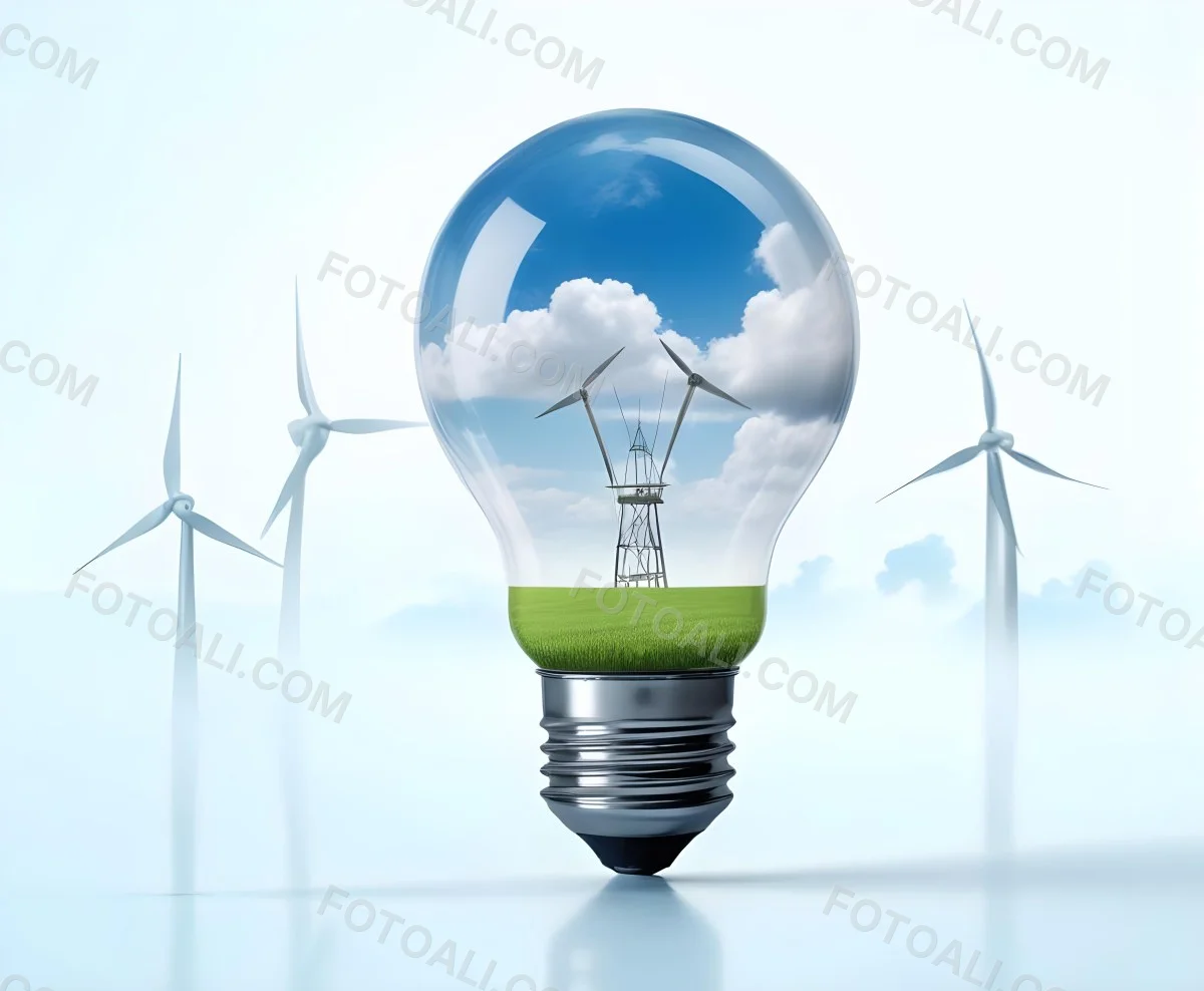 A Light Bulb With A Green Field And Wind Turbines Inside Blue Sky With Clouds More Wind Turbines In The Background 3 46e3