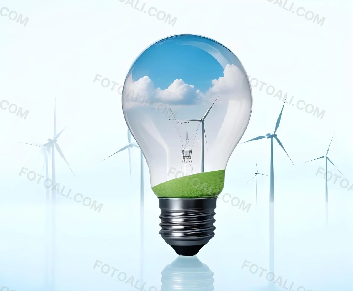A Light Bulb With A Green Field And Wind Turbines Inside Blue Sky With Clouds More Wind Turbines In The Background 31 E6f5