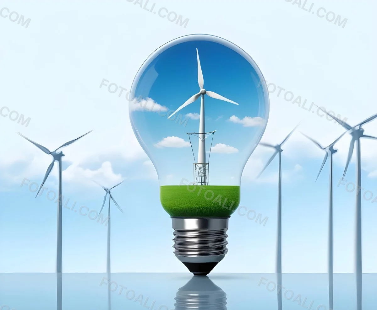 A Light Bulb With A Green Field And Wind Turbines Inside Blue Sky With Clouds More Wind Turbines In The Background 34 F331