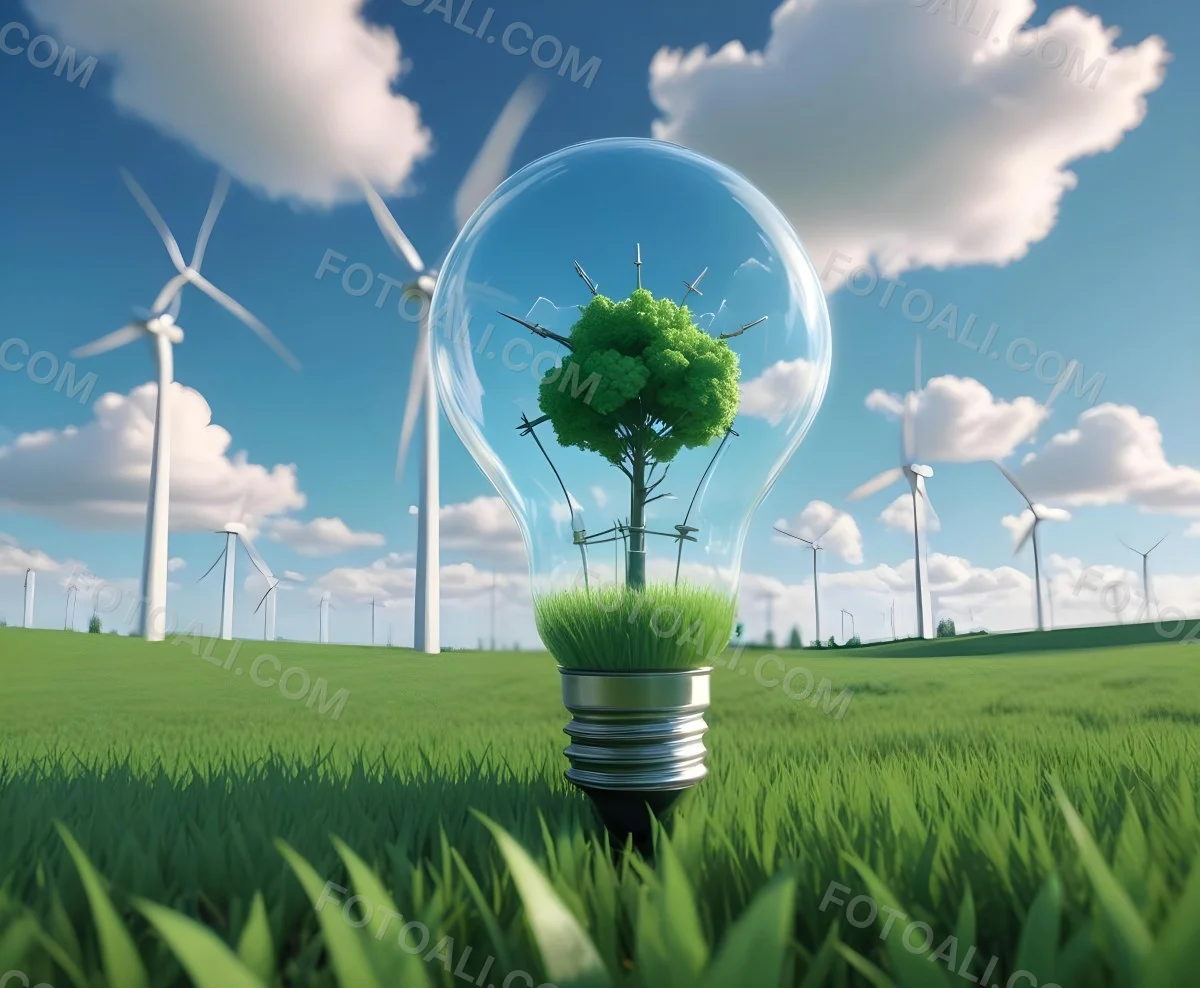 A Light Bulb With A Green Field And Wind Turbines Inside Blue Sky With Clouds More Wind Turbines In The Background 37 A874