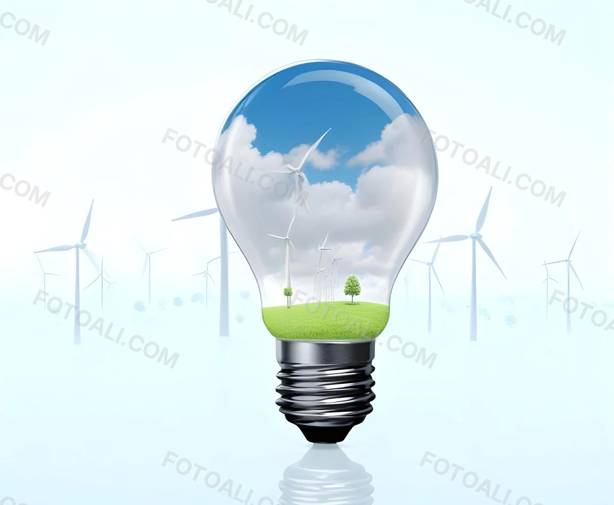 A Light Bulb With A Green Field And Wind Turbines Inside Blue Sky With Clouds More Wind Turbines In The Background 4 2348
