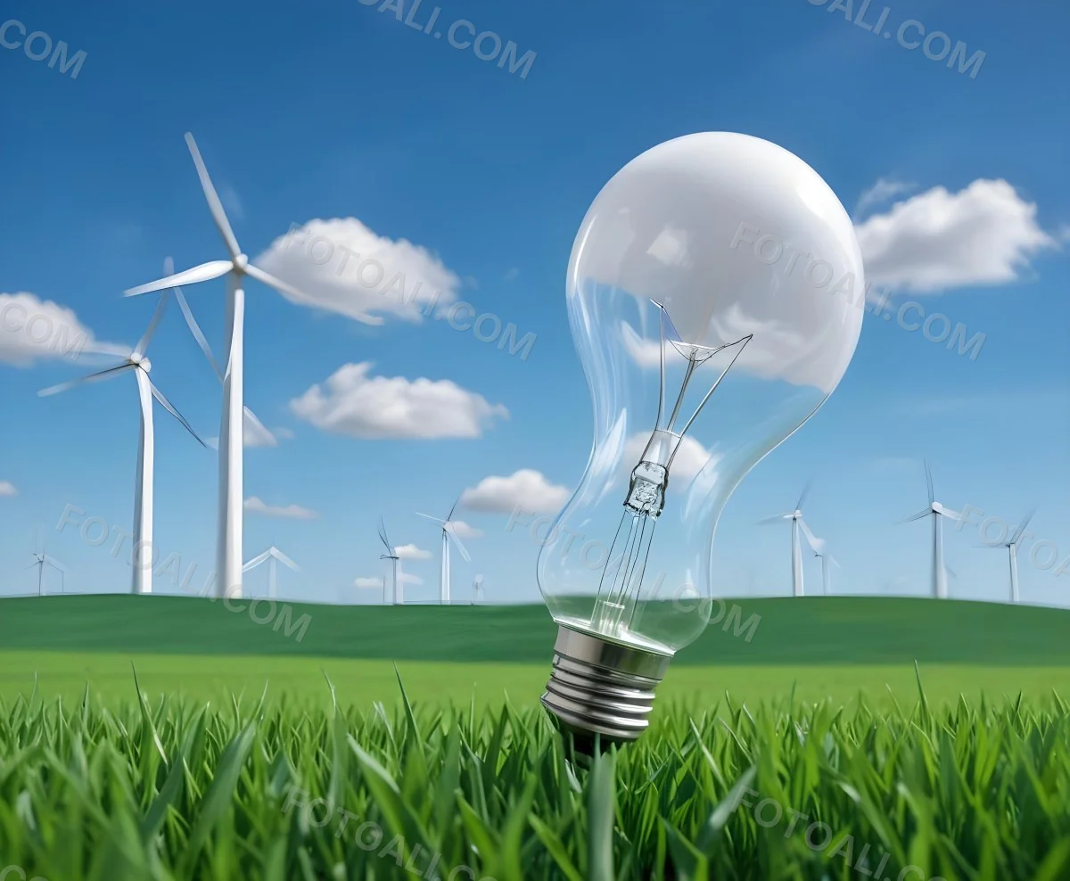A Light Bulb With A Green Field And Wind Turbines Inside Blue Sky With Clouds More Wind Turbines In The Background 43 7f3c