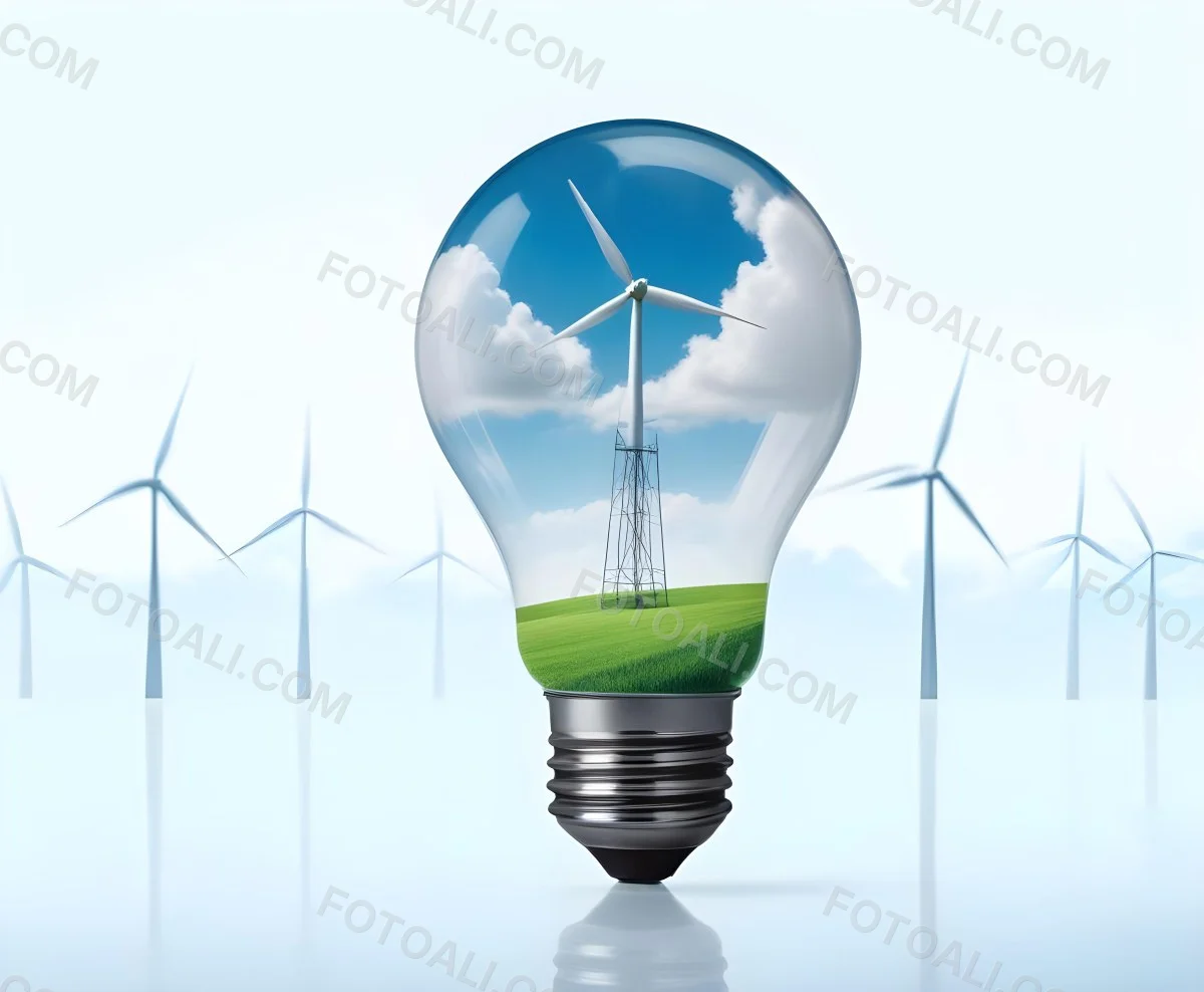 A Light Bulb With A Green Field And Wind Turbines Inside Blue Sky With Clouds More Wind Turbines In The Background 46 8f3a