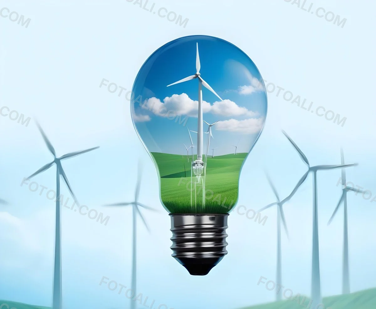 A Light Bulb With A Green Field And Wind Turbines Inside Blue Sky With Clouds More Wind Turbines In The Background 48 Ebc1